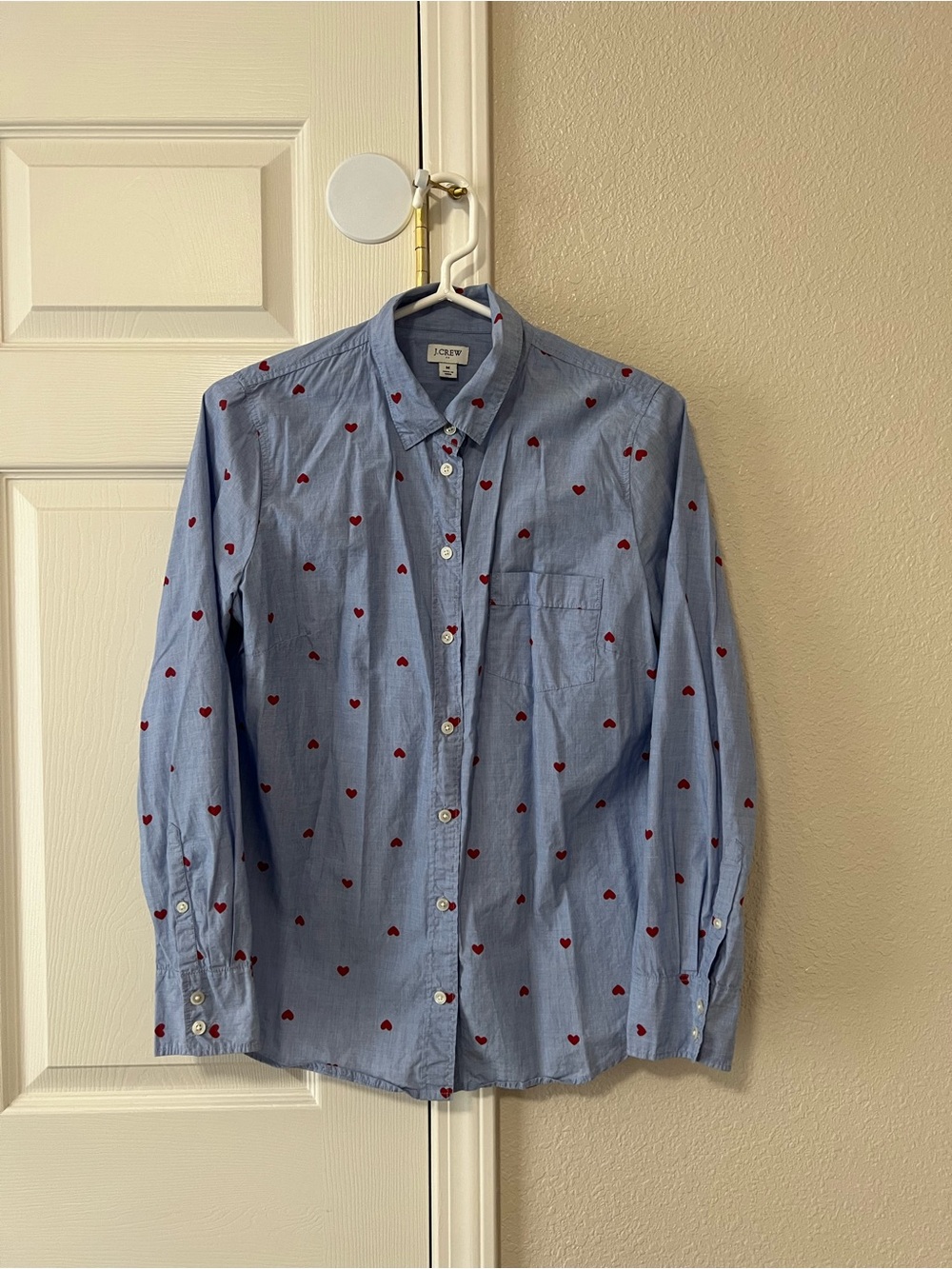 J.Crew Blue Red Heart Print Cotton Button Down Shirt Women’s Medium